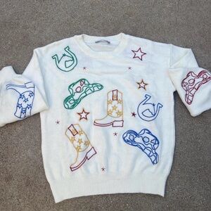 White Sweater with Colorful Embroidery